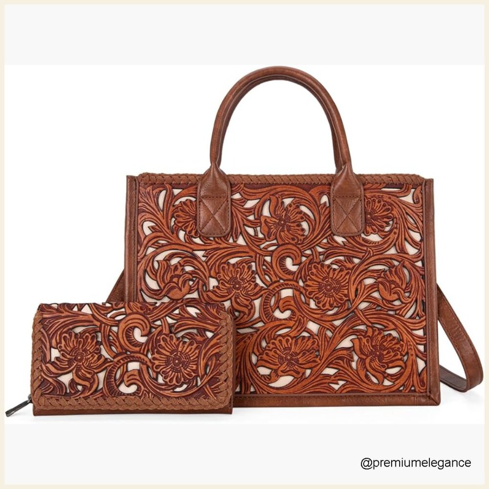 Genuine Leather Tote Bag With Crossbody Strap And Floral Tooling